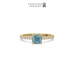 This yellow gold ring displayed in Front view is made with a cushion solitaire diamond set in four-prong setting