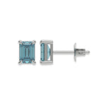 This white gold Classic Emerald Diamond Earrings made with an fancy blue emerald-cut diamonds set in a four prong setting in top view and side view