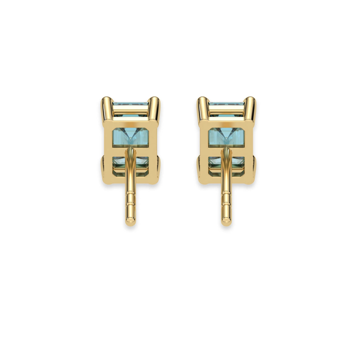 This yellow gold Classic Emerald Diamond Earrings made with an fancy blue emerald-cut diamonds set in a four prong setting in back view