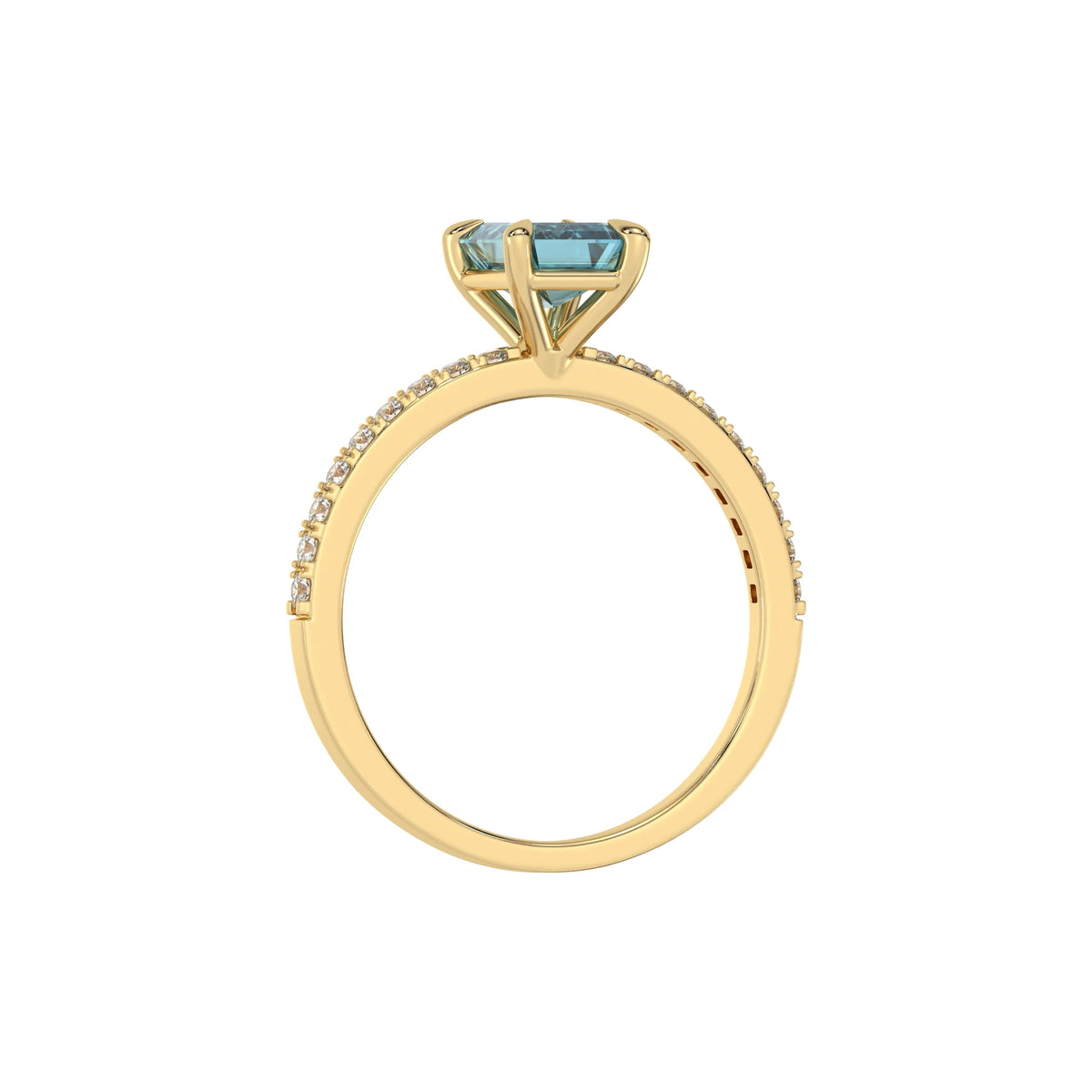 This yellow gold ring displayed in through finger view is made with a emerald solitaire diamond set in four-prong setting