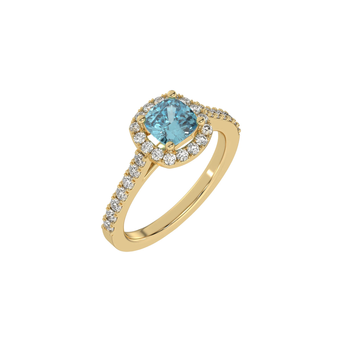 This yellow gold Cushion Diamond Halo Engagement Ring is made with a fancy Blue cushion solitaire diamond set in a four-prong setting in 3D view