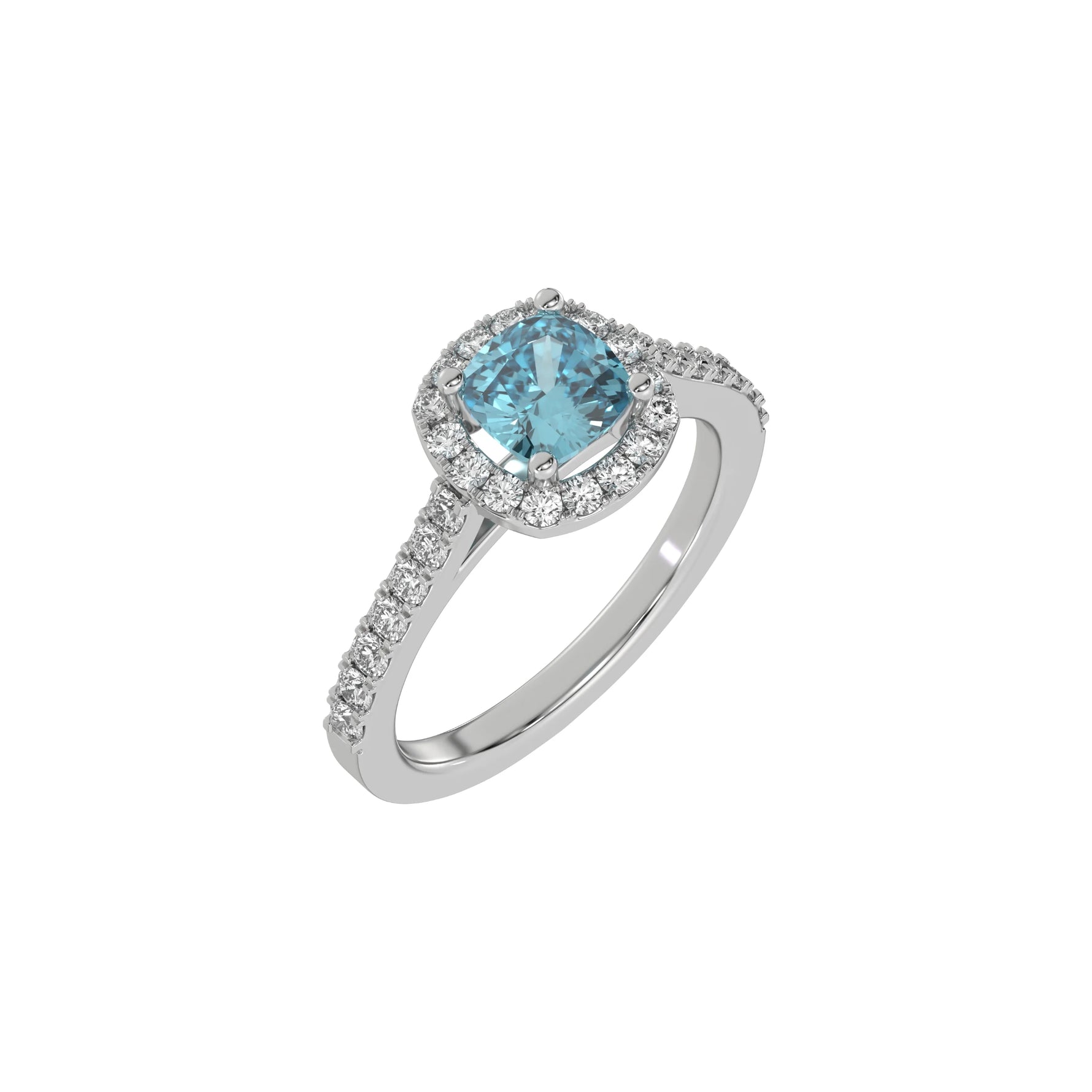 This white gold Cushion Diamond Halo Engagement Ring is made with a fancy Blue cushion solitaire diamond set in a four-prong setting in 3D view