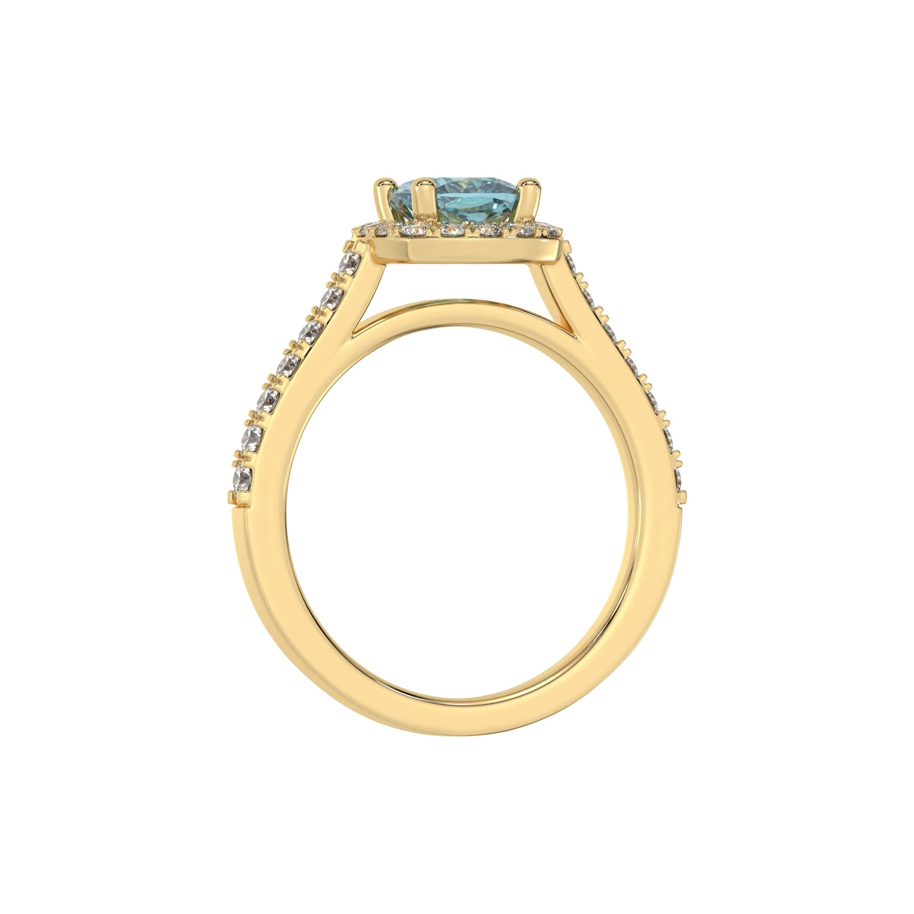 This yellow gold Cushion Diamond Halo Engagement Ring is made with a fancy Blue cushion solitaire diamond set in a four-prong setting in through finger view