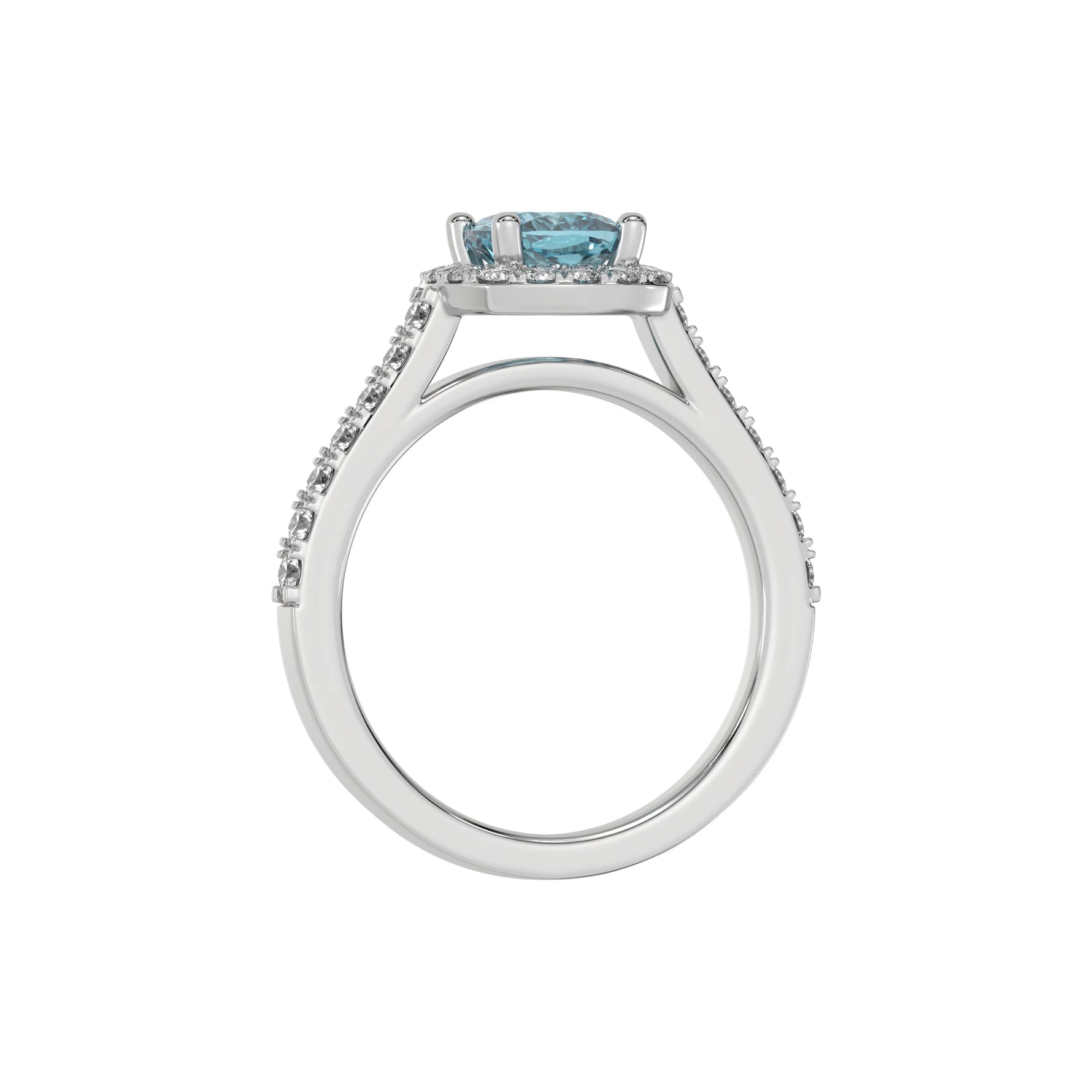 This white gold Cushion Diamond Halo Engagement Ring is made with a fancy Blue cushion solitaire diamond set in a four-prong setting in through finger view