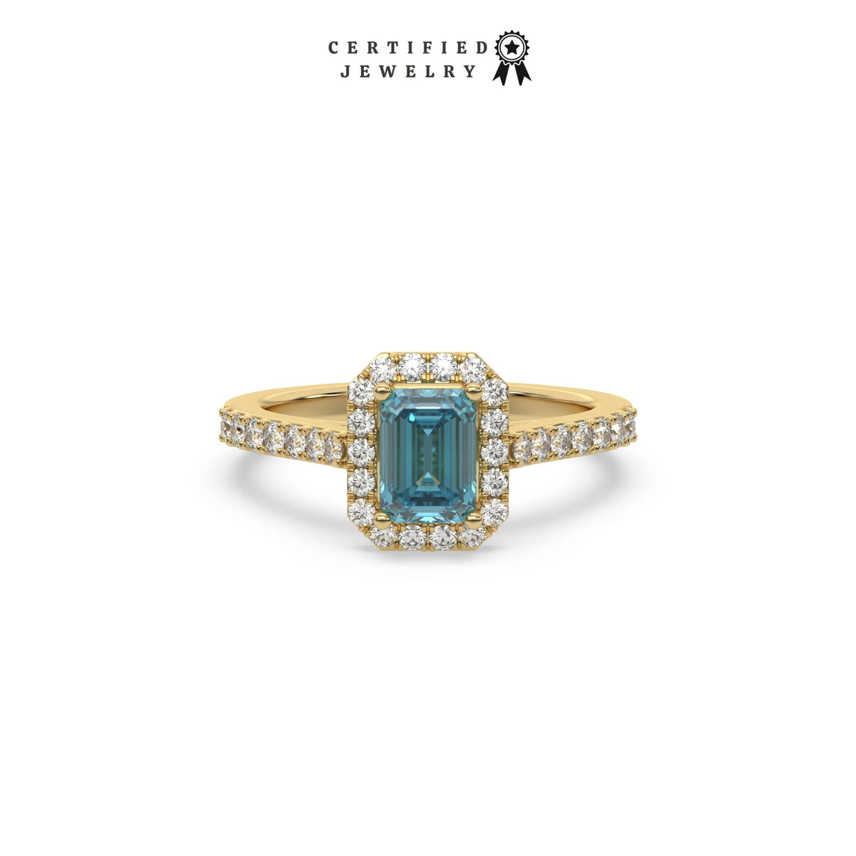 This yellow gold ring displayed in front view is made with a Emerald solitaire diamond set in four-prong setting