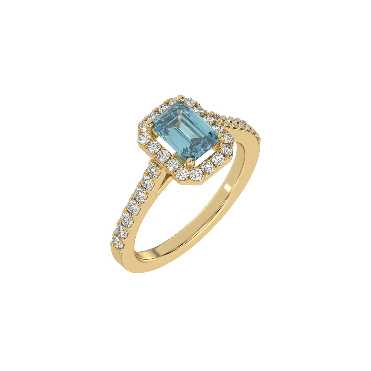 This yellow gold Emerald Diamond Halo Engagement Ring is made with a fancy blue emerald solitaire diamond set in a four-prong setting in 3D view