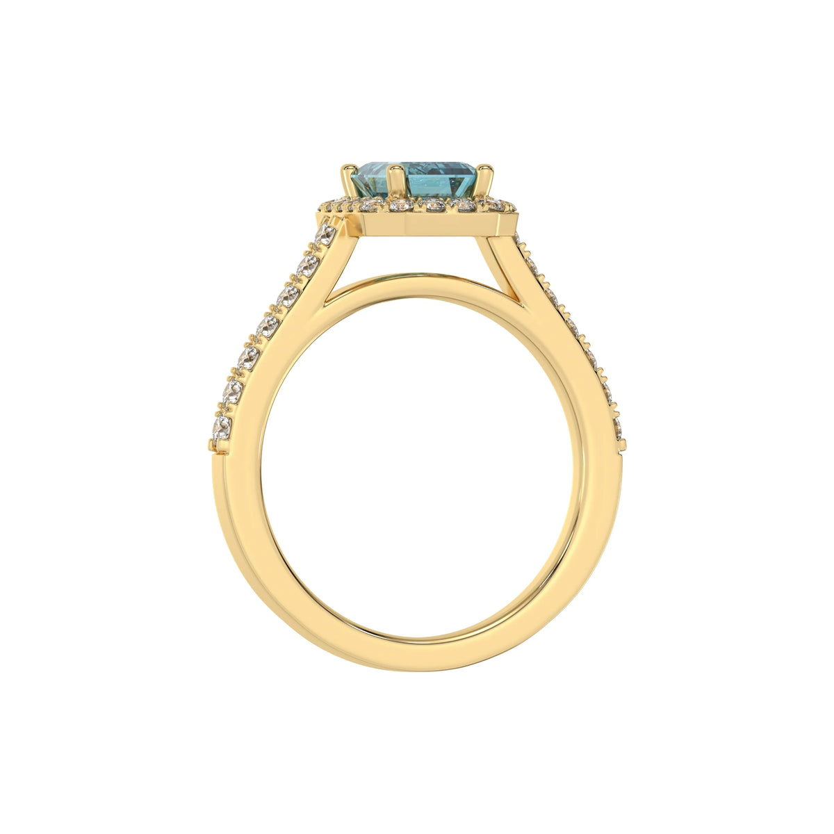 This yellow gold Emerald Diamond Halo Engagement Ring is made with a fancy blue emerald solitaire diamond set in a four-prong setting in through finger view