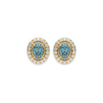 18k yellow gold fancy blue oval diamond halo solitaire earrings set in four prongs.