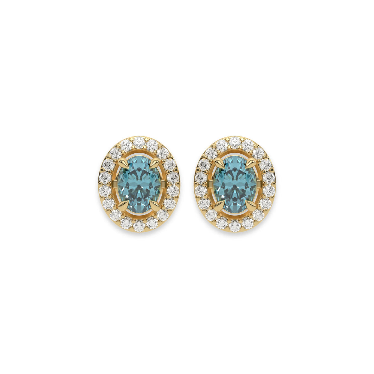 18k yellow gold fancy blue oval diamond halo solitaire earrings set in four prongs.