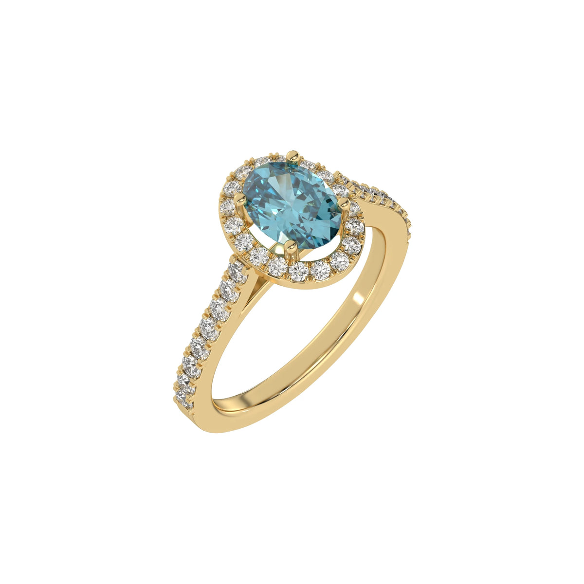 This yellow gold Oval Diamond Halo Engagement Ring is made with a fancy blue oval solitaire diamond set in a four-prong setting, surrounded by a halo of round diamonds all set on a pave band in 3D view