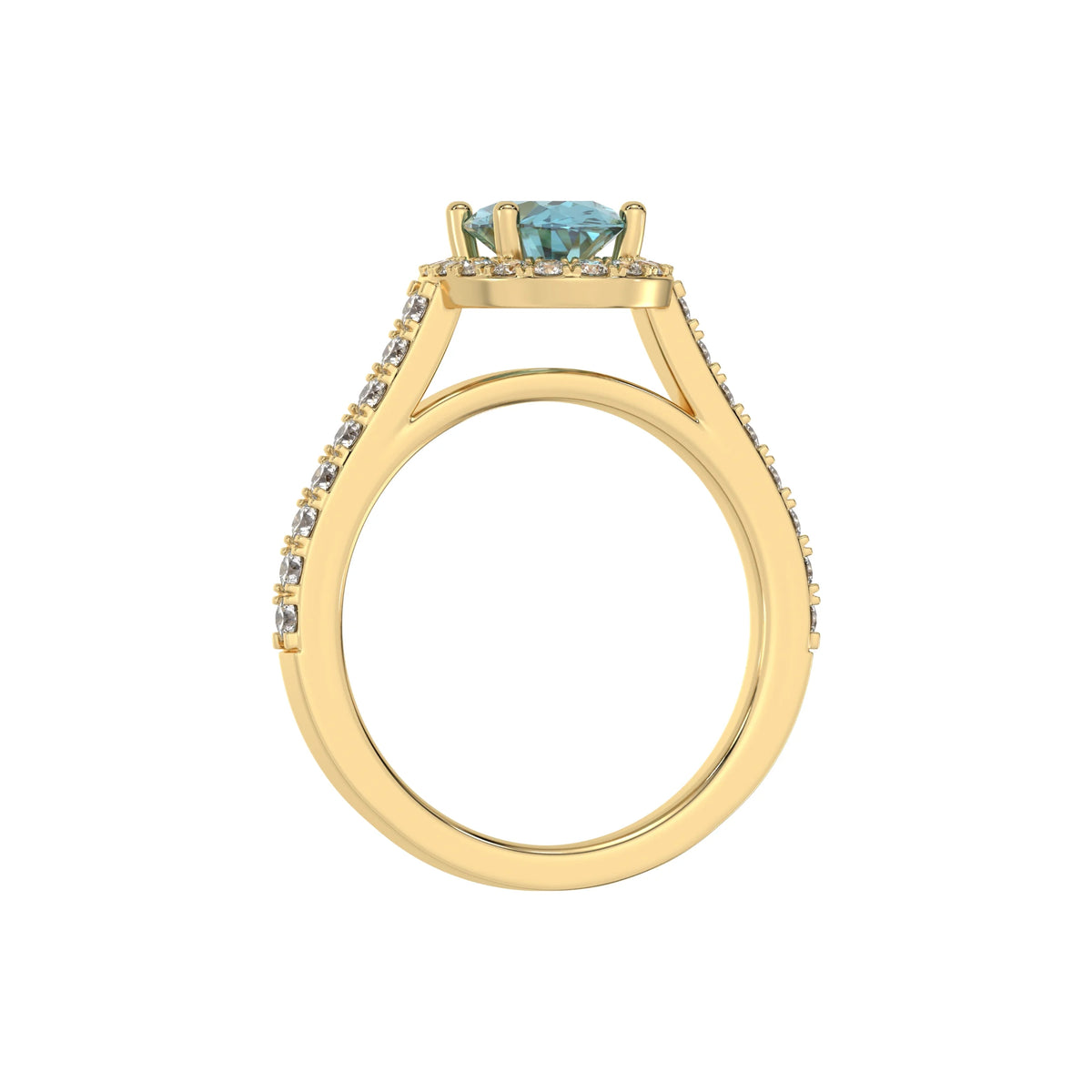 This yellow gold Oval Diamond Halo Engagement Ring is made with a fancy blue oval solitaire diamond set in a four-prong setting, surrounded by a halo of round diamonds all set on a pave band in through finger view