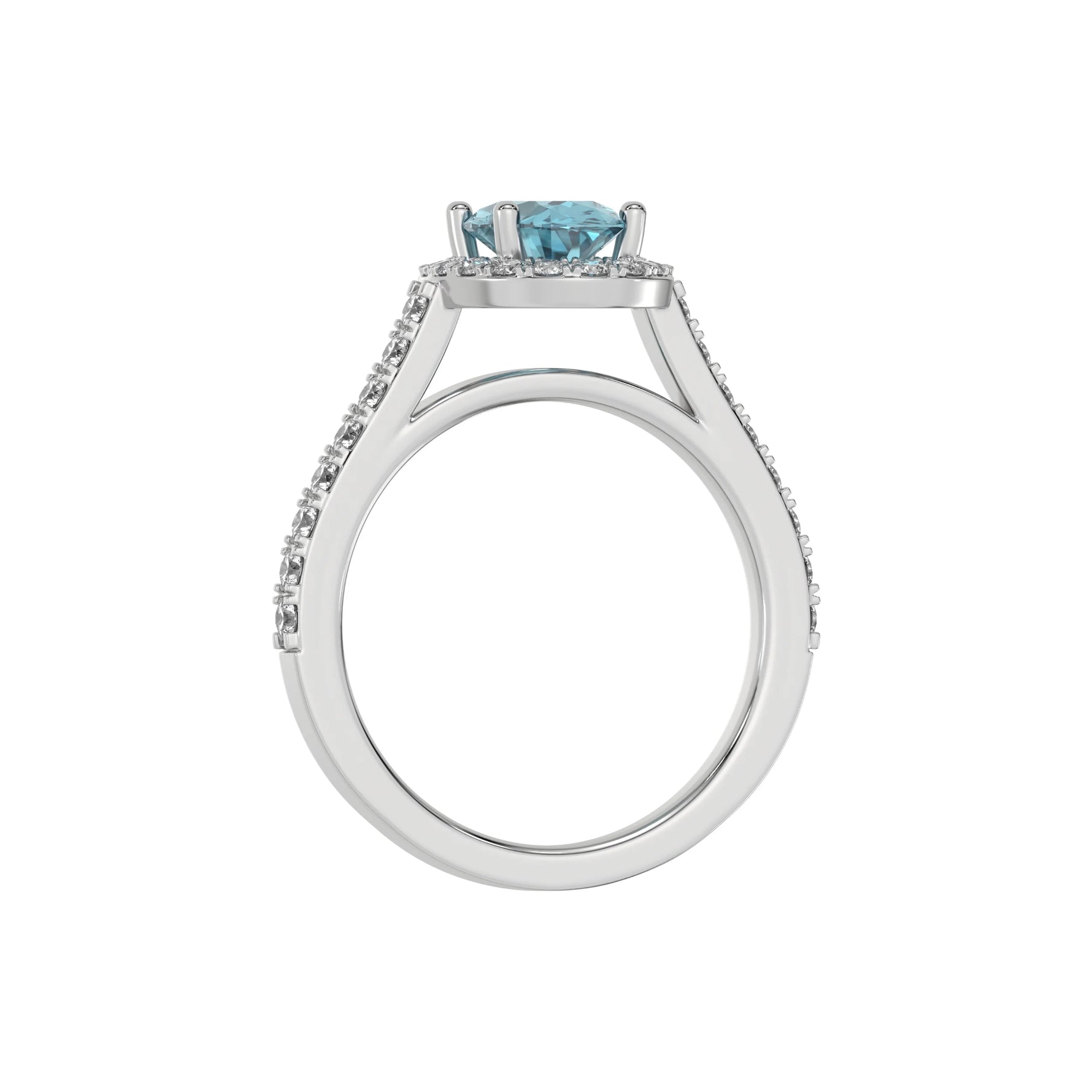 This white gold Oval Diamond Halo Engagement Ring is made with a fancy blue oval solitaire diamond set in a four-prong setting, surrounded by a halo of round diamonds all set on a pave band in through finger view