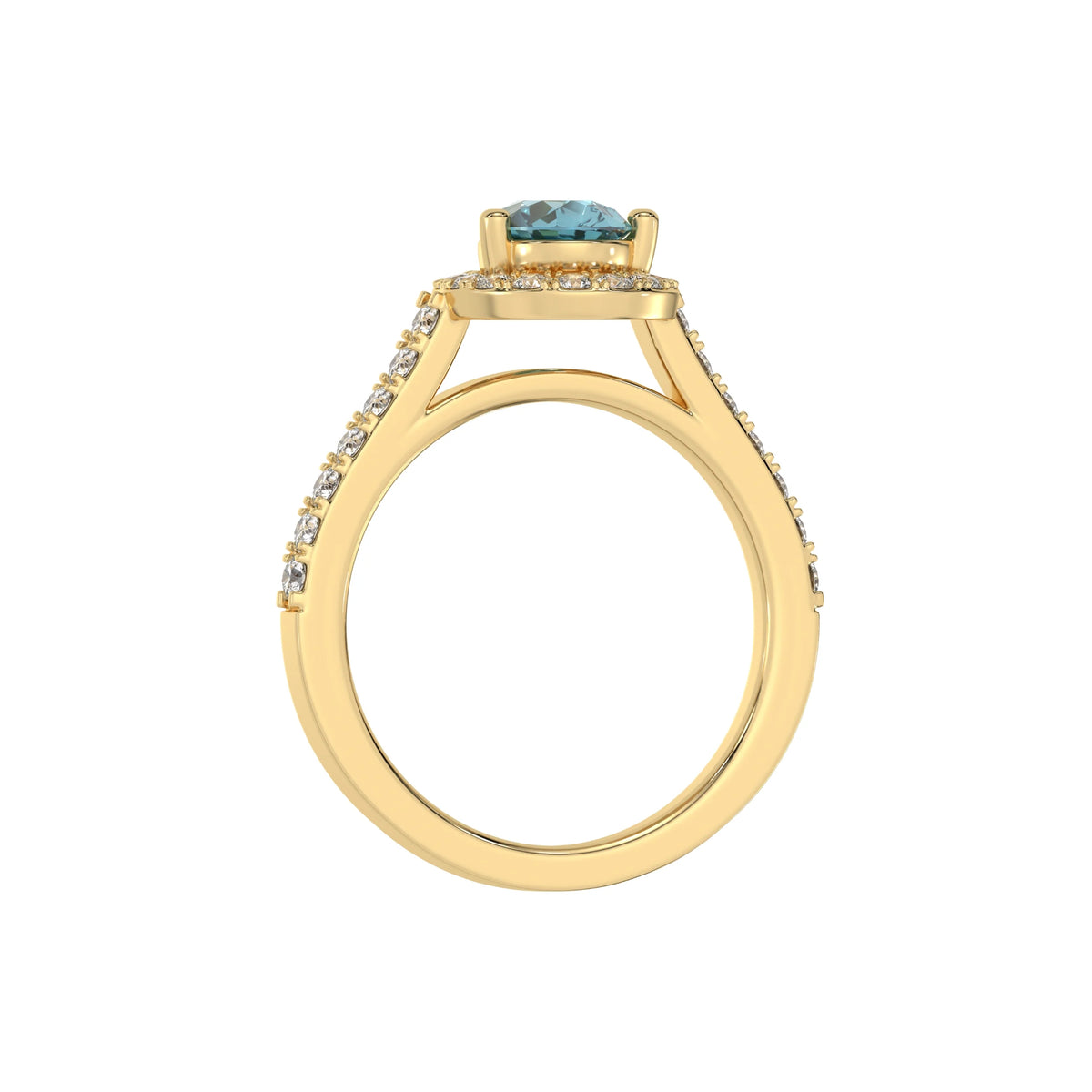 This yellow gold Pear Diamond Halo Engagement Ring is made with a fancy blue pear solitaire diamond set in a four-prong setting in through finger view