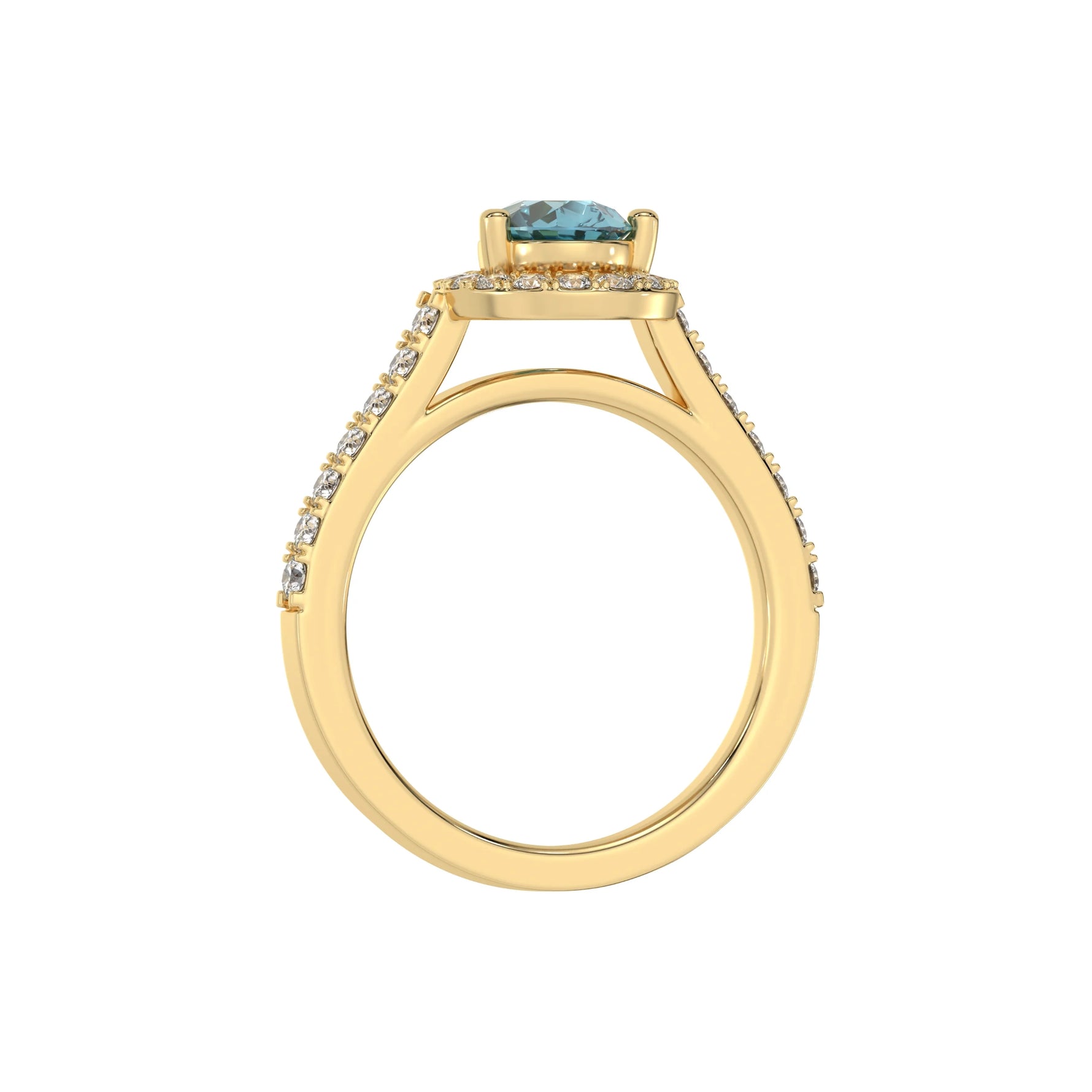 This yellow gold Pear Diamond Halo Engagement Ring is made with a fancy blue pear solitaire diamond set in a four-prong setting in through finger view