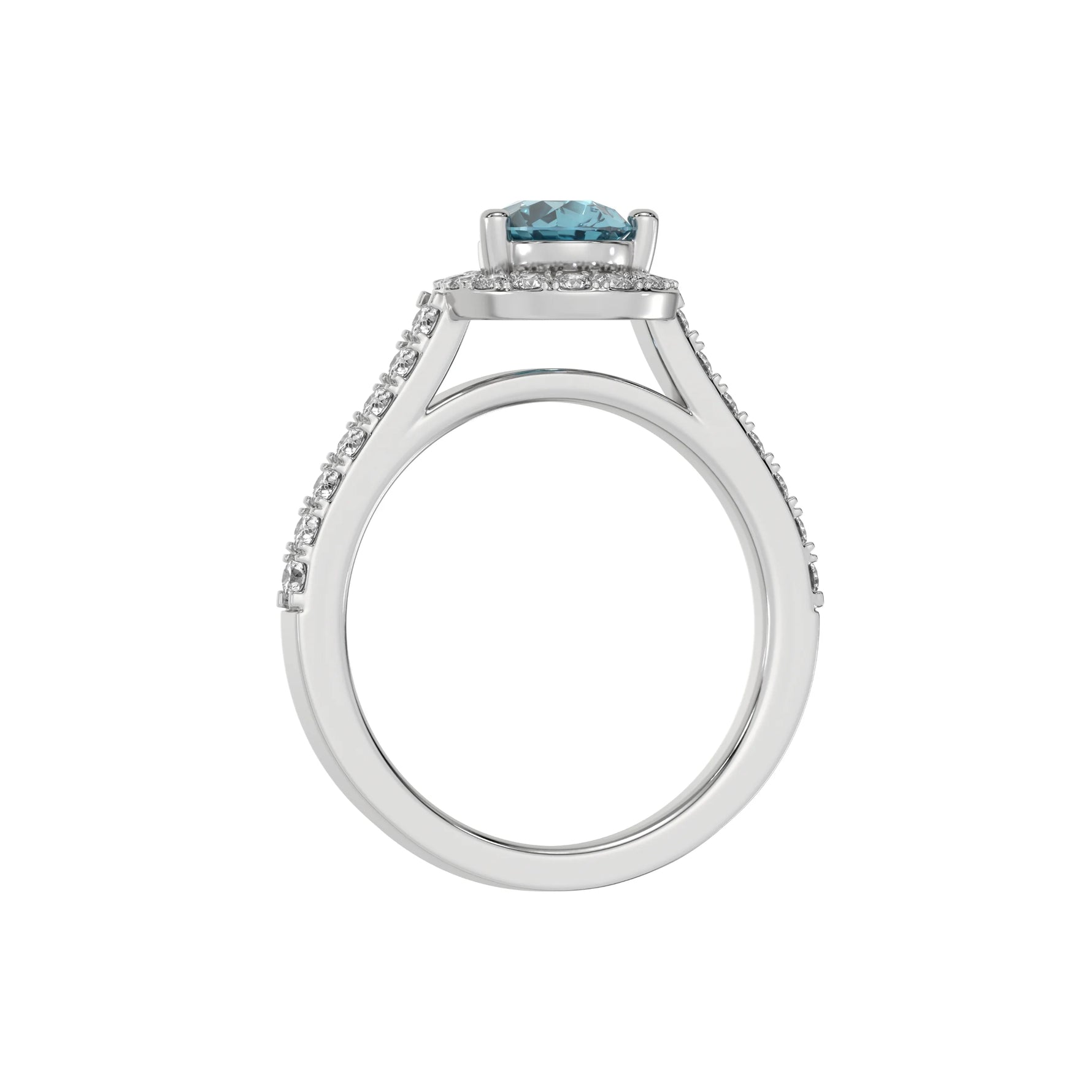 This white gold Pear Diamond Halo Engagement Ring is made with a fancy blue pear solitaire diamond set in a four-prong setting in through finger view