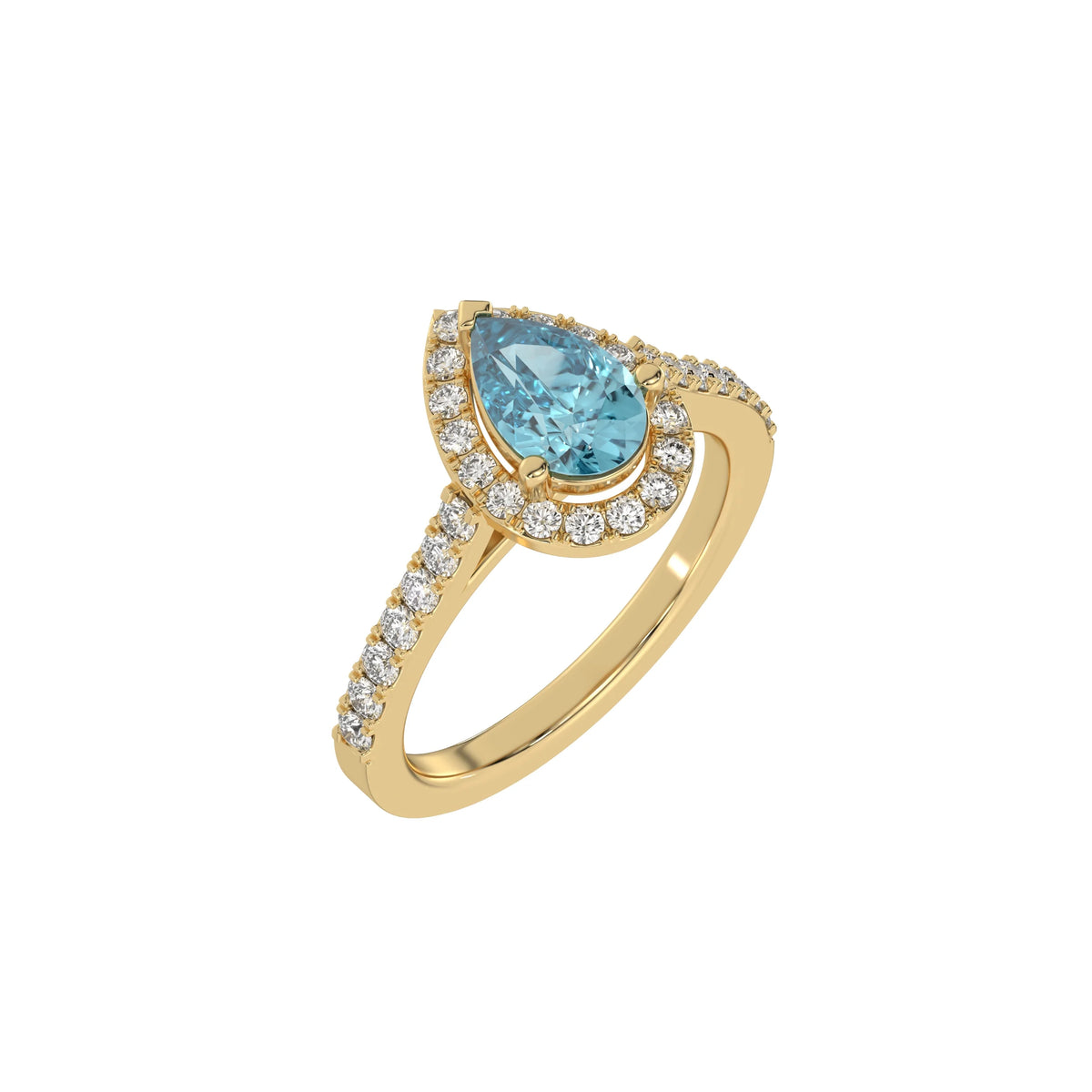 This yellow gold Pear Diamond Halo Engagement Ring is made with a fancy blue pear solitaire diamond set in a four-prong setting in 3D view