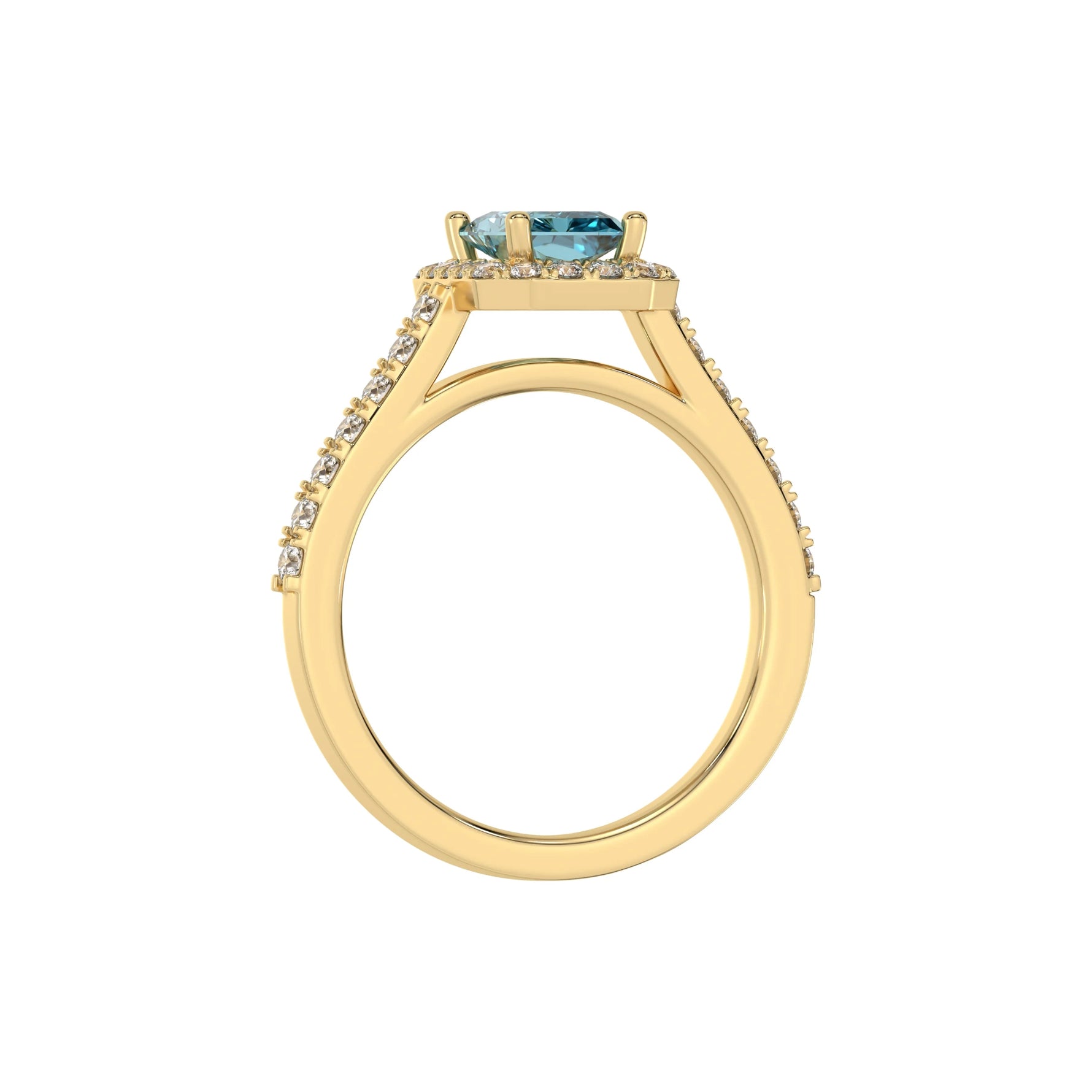 This yellow gold Radiant Diamond Halo Engagement Ring is made with a fancy Blue radiant solitaire diamond set in a four-prong setting in through finger view