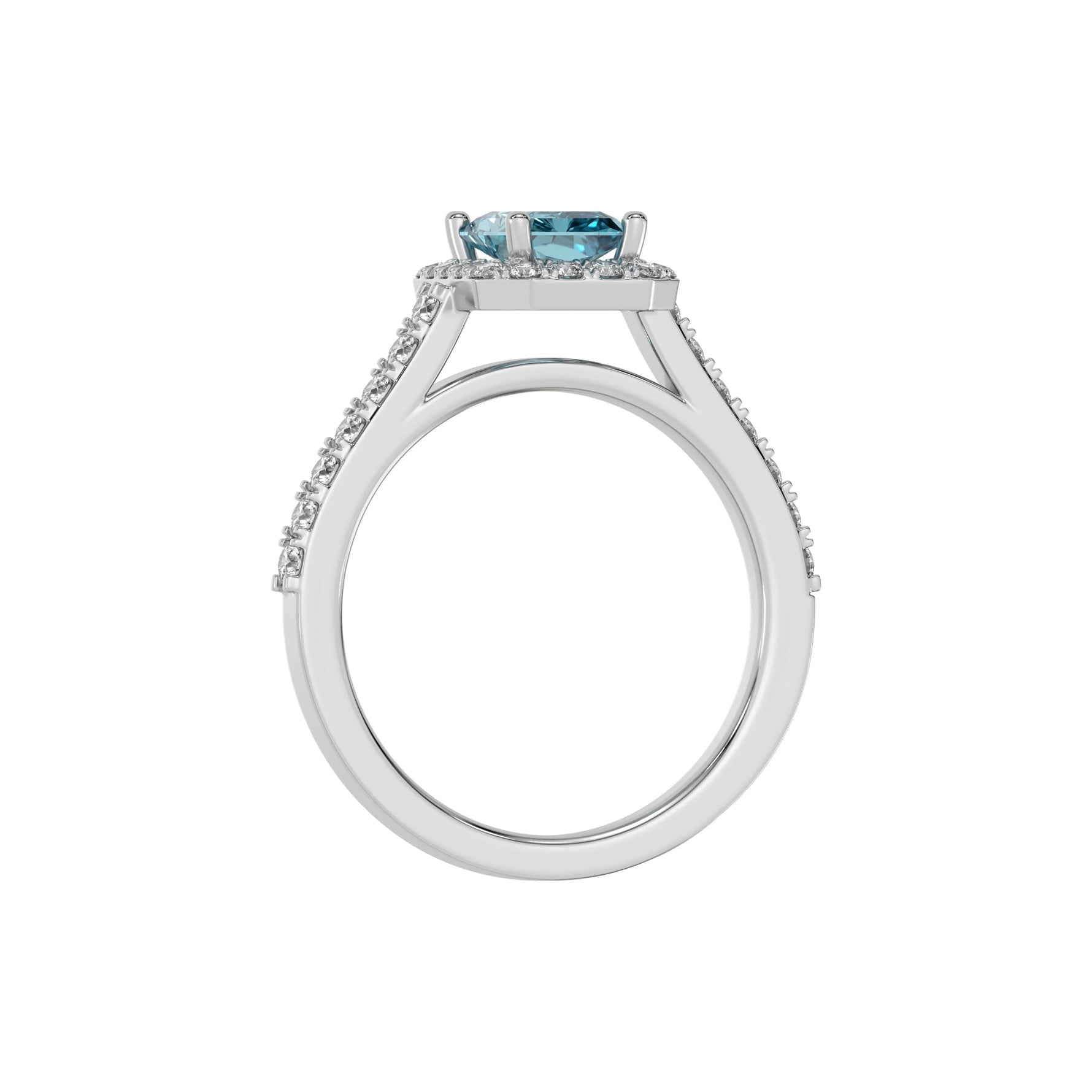 This white gold Radiant Diamond Halo Engagement Ring is made with a fancy Blue radiant solitaire diamond set in a four-prong setting in through finger view