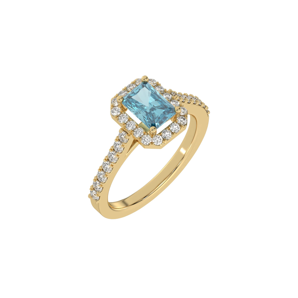 This yellow gold Radiant Diamond Halo Engagement Ring is made with a fancy Blue radiant solitaire diamond set in a four-prong setting in 3D view