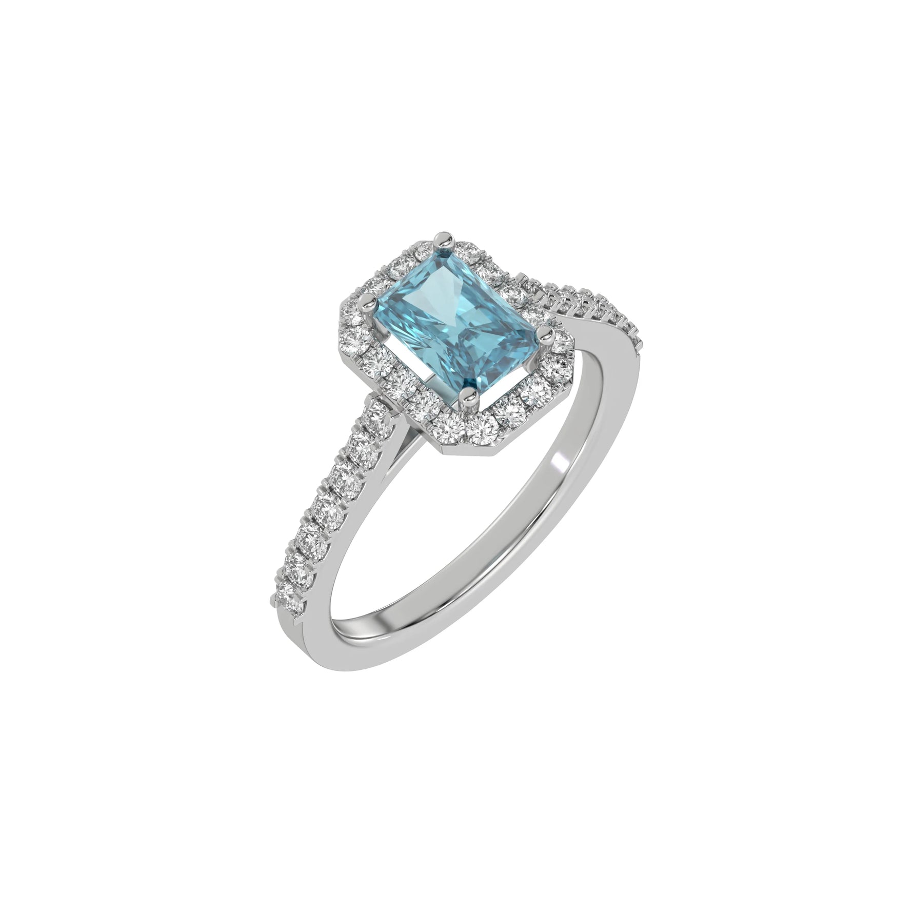 This white gold Radiant Diamond Halo Engagement Ring is made with a fancy Blue radiant solitaire diamond set in a four-prong setting in 3D view