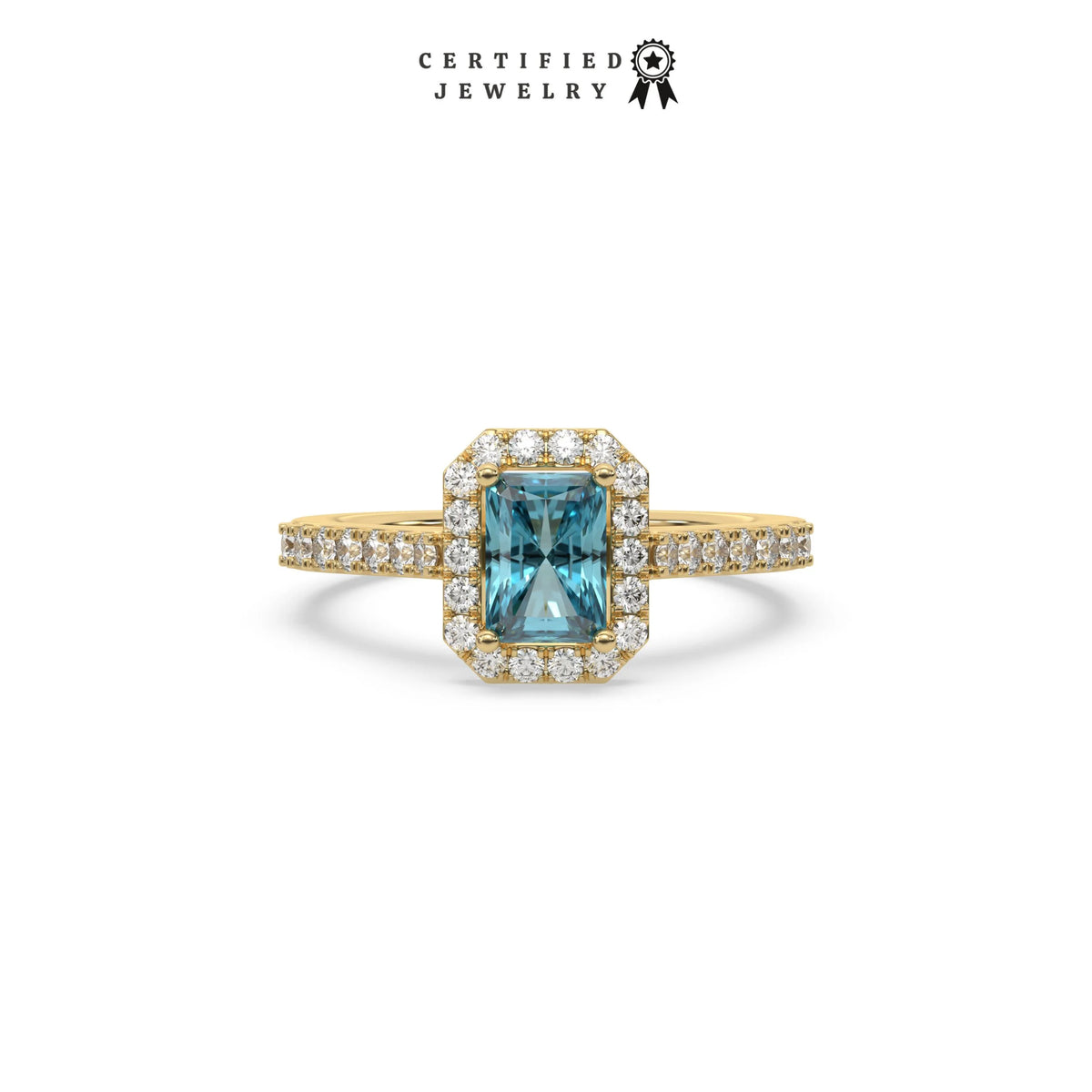 This yellow gold ring displayed in front view is made with a radiant solitaire diamond set in four-prong setting