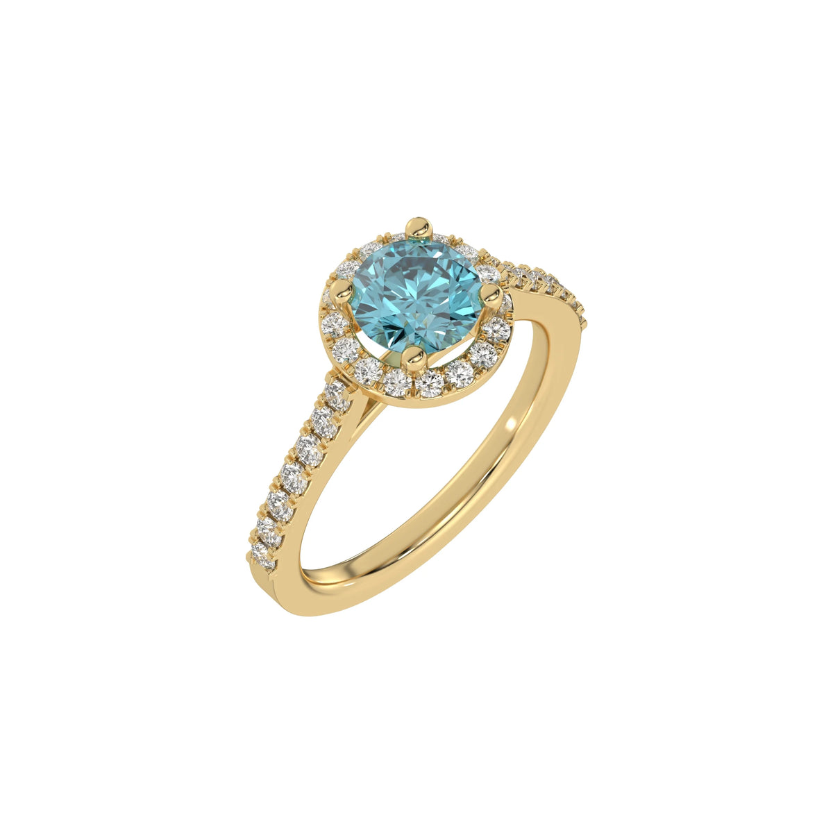 This yellow gold Round Diamond Halo Engagement Ring is made with a fancy Blue round solitaire diamond set in a four-prong setting in 3D view