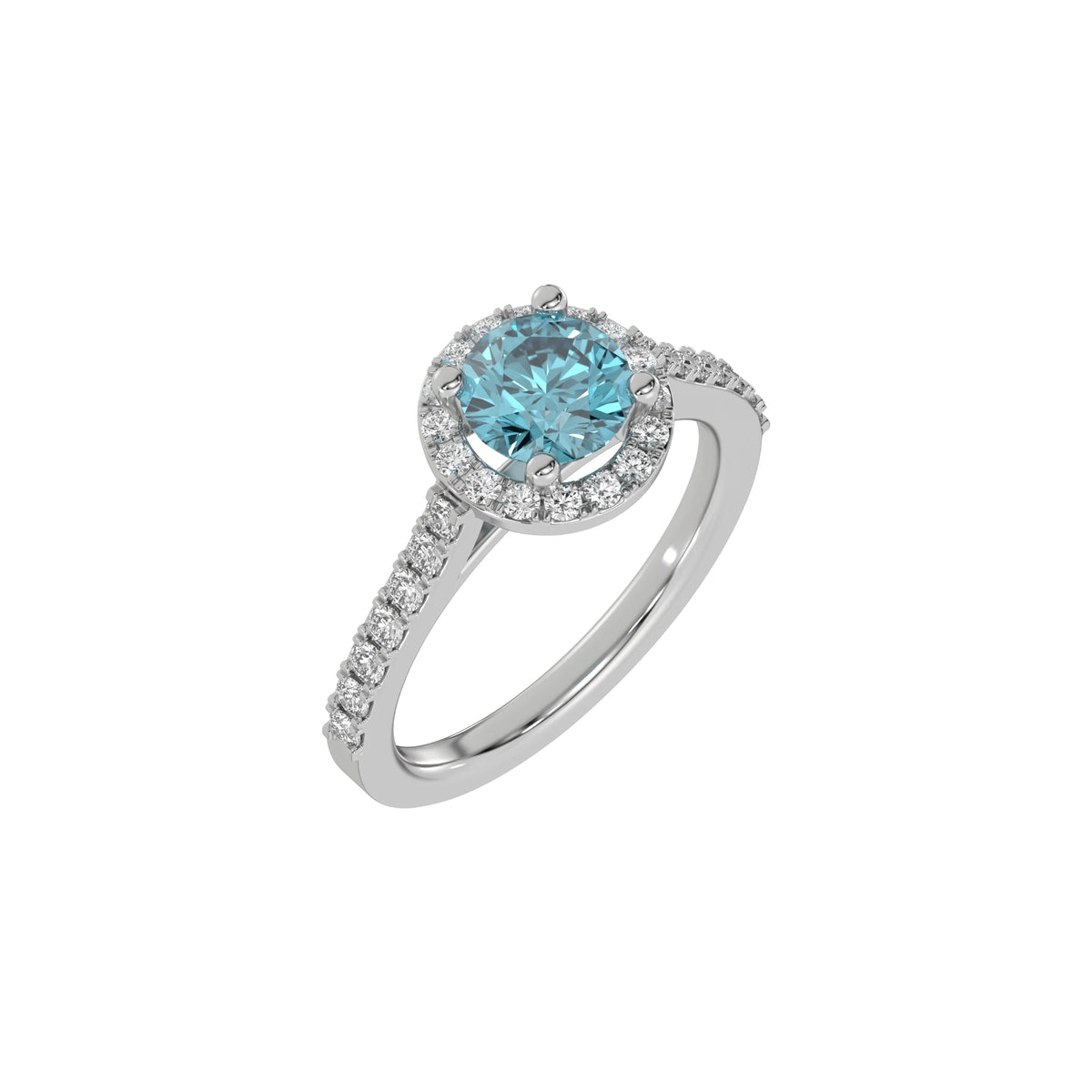 This white gold Round Diamond Halo Engagement Ring is made with a fancy Blue round solitaire diamond set in a four-prong setting in 3D view