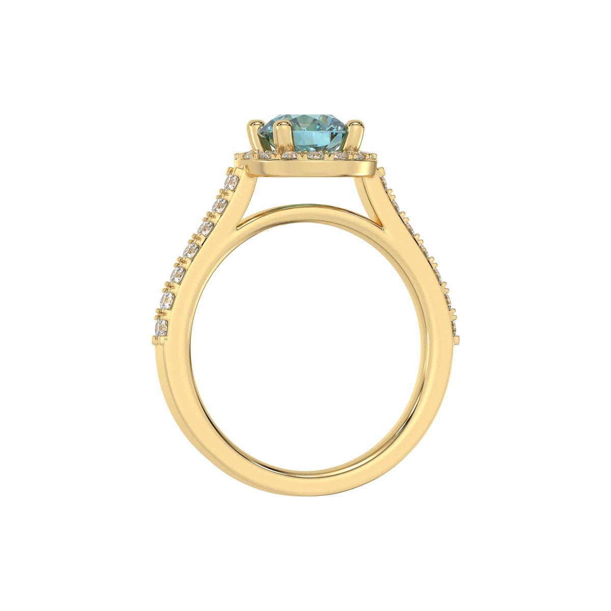 This yellow gold Round Diamond Halo Engagement Ring is made with a fancy Blue round solitaire diamond set in a four-prong setting in through finger view