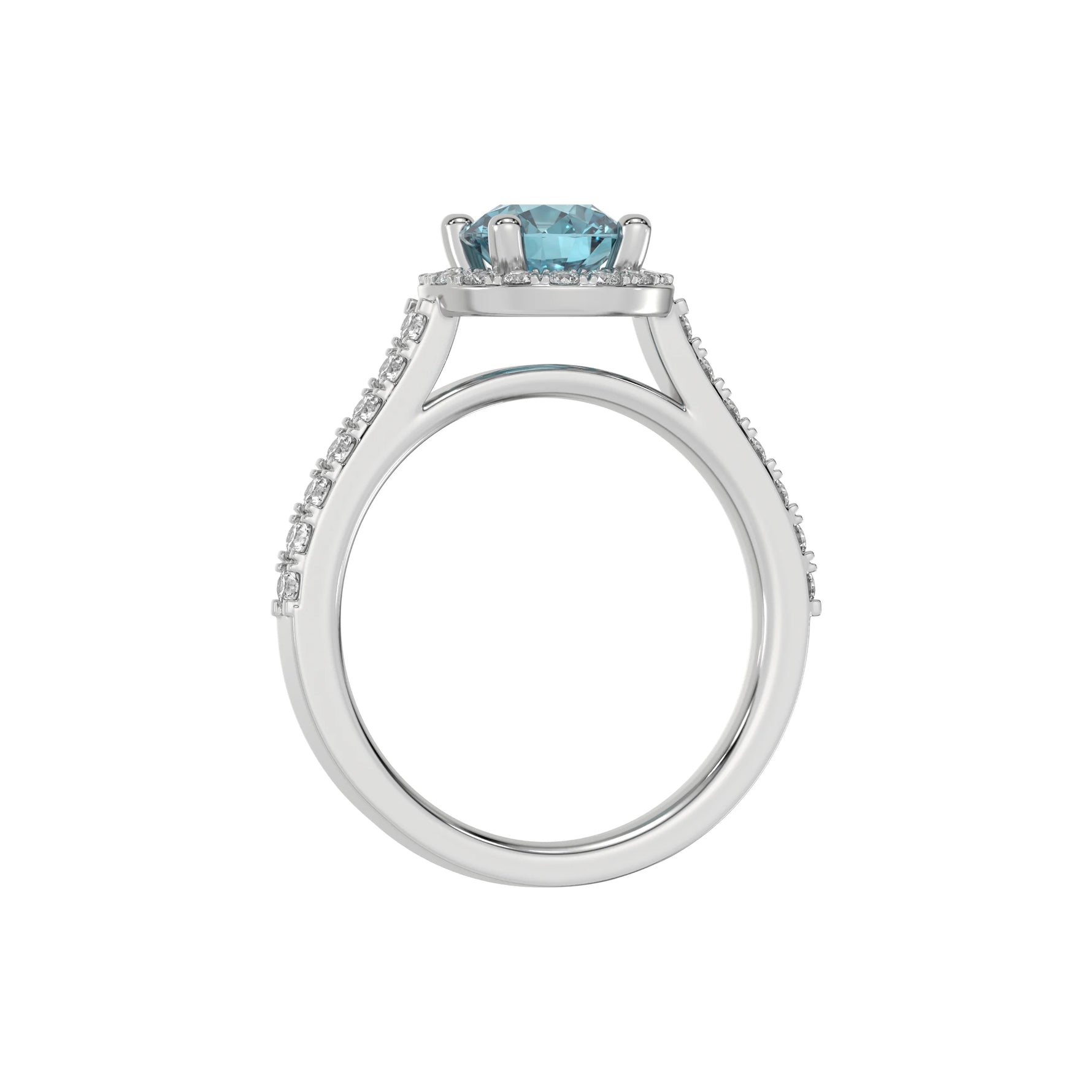 This white gold Round Diamond Halo Engagement Ring is made with a fancy Blue round solitaire diamond set in a four-prong setting in through finger view