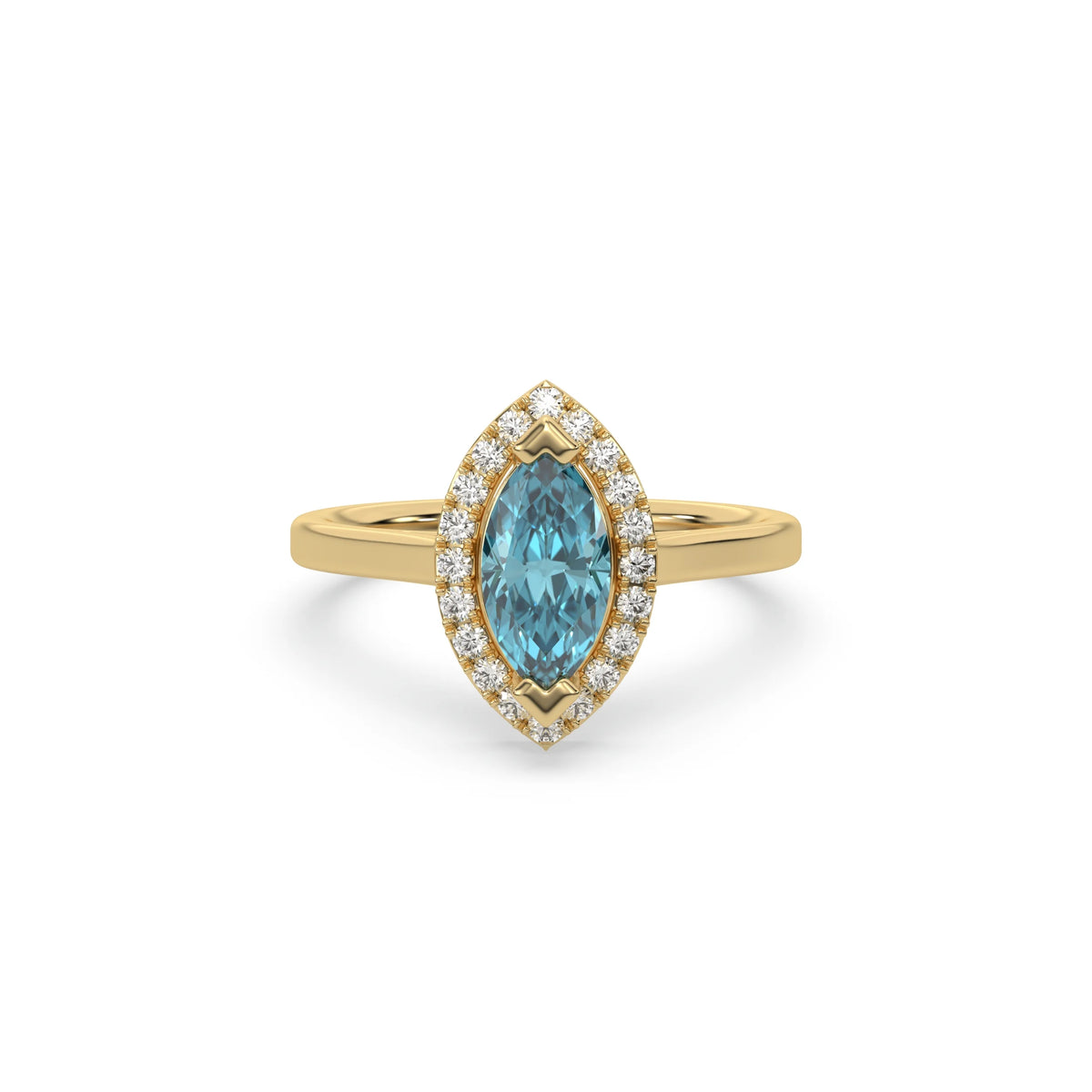 14K Yellow Gold Fancy Blue Marquise Diamond Halo Engagement Ring