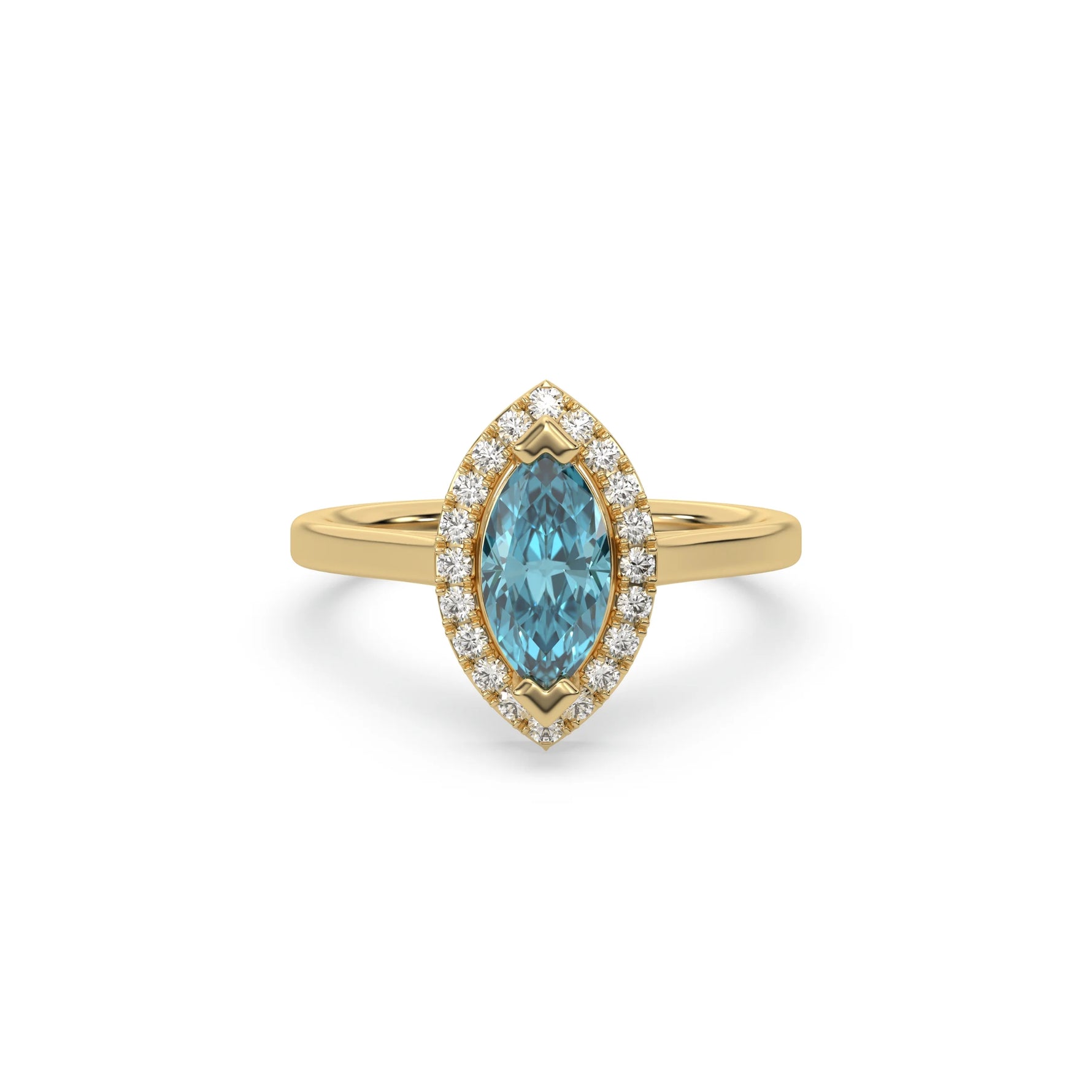14K Yellow Gold Fancy Blue Marquise Diamond Halo Engagement Ring