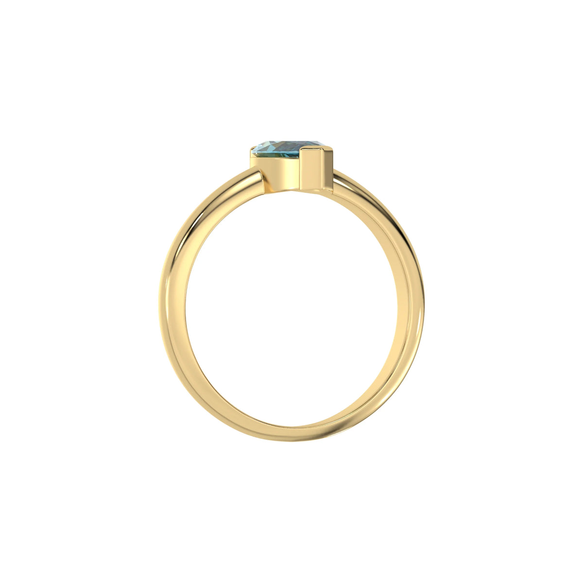 This yellow gold ring features a fancy Blue marquise solitaire diamond elegantly secured in a two v-prong setting on a solid gold band in through finger view