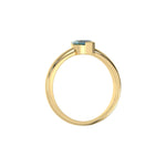 This yellow gold ring features a fancy Blue marquise solitaire diamond elegantly secured in a two v-prong setting on a solid gold band in through finger view