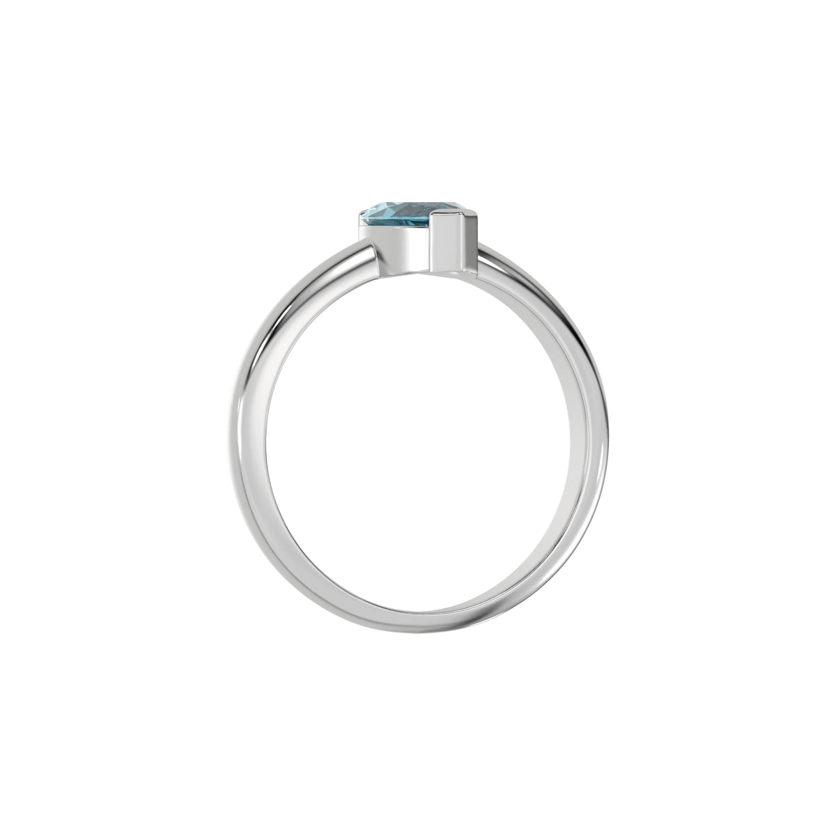 This white gold ring features a fancy Blue marquise solitaire diamond elegantly secured in a two v-prong setting on a solid gold band in through finger view