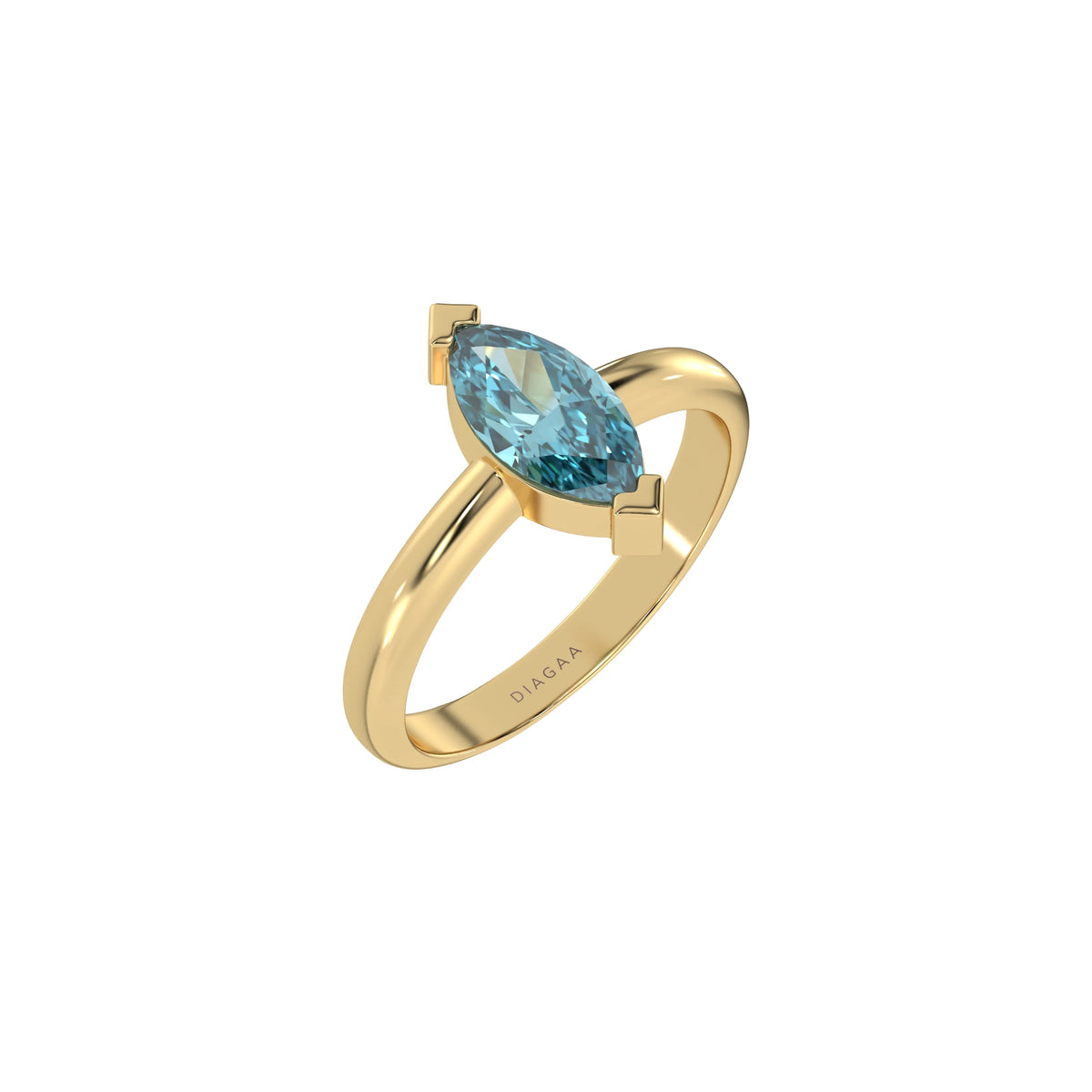 This yellow gold ring features a fancy Blue marquise solitaire diamond elegantly secured in a two v-prong setting on a solid gold band in 3D view