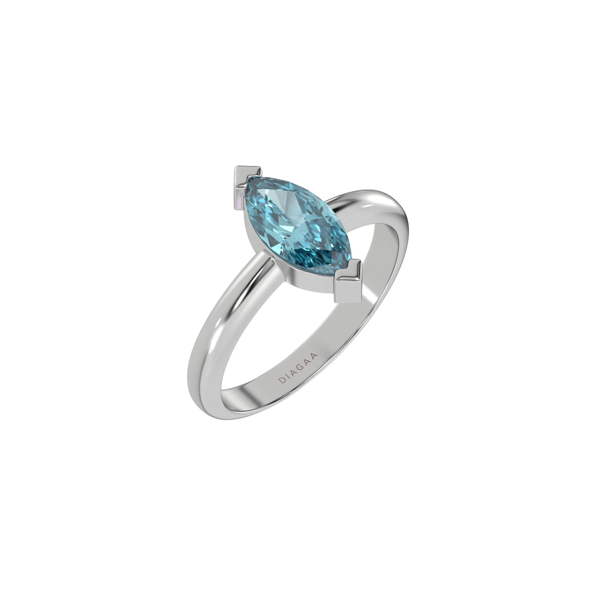 This white gold ring features a fancy Blue marquise solitaire diamond elegantly secured in a two v-prong setting on a solid gold band in 3D view