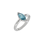 This white gold ring features a fancy Blue marquise solitaire diamond elegantly secured in a two v-prong setting on a solid gold band in 3D view