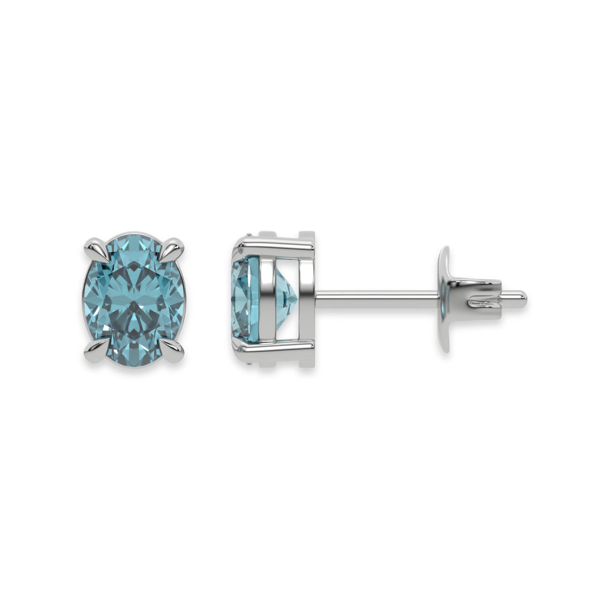 14k white gold oval diamond stud earrings made with a fancy blue oval cut diamond set in a four prong setting