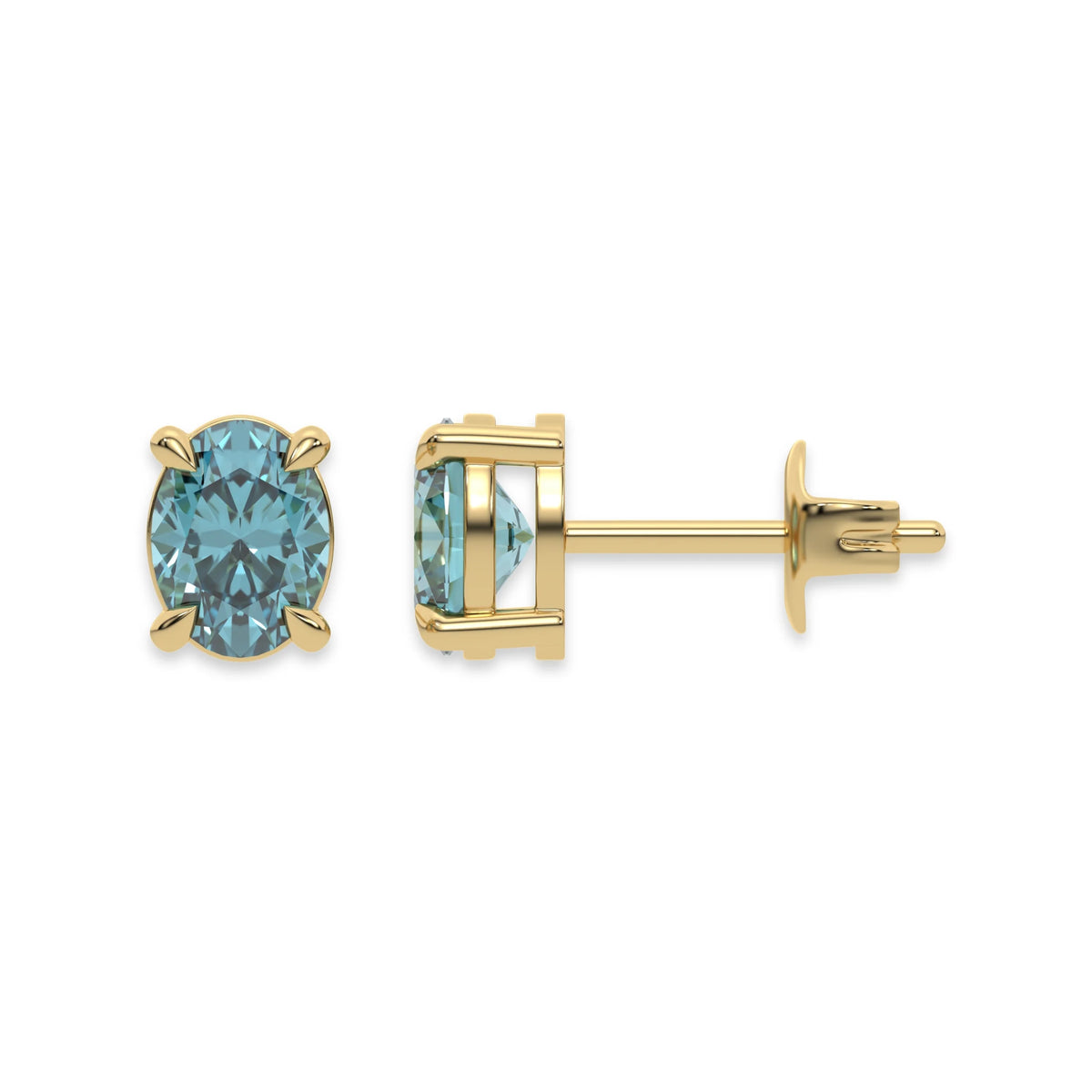 14k yellow gold oval diamond stud earrings made with a fancy blue oval cut diamond set in a four prong setting