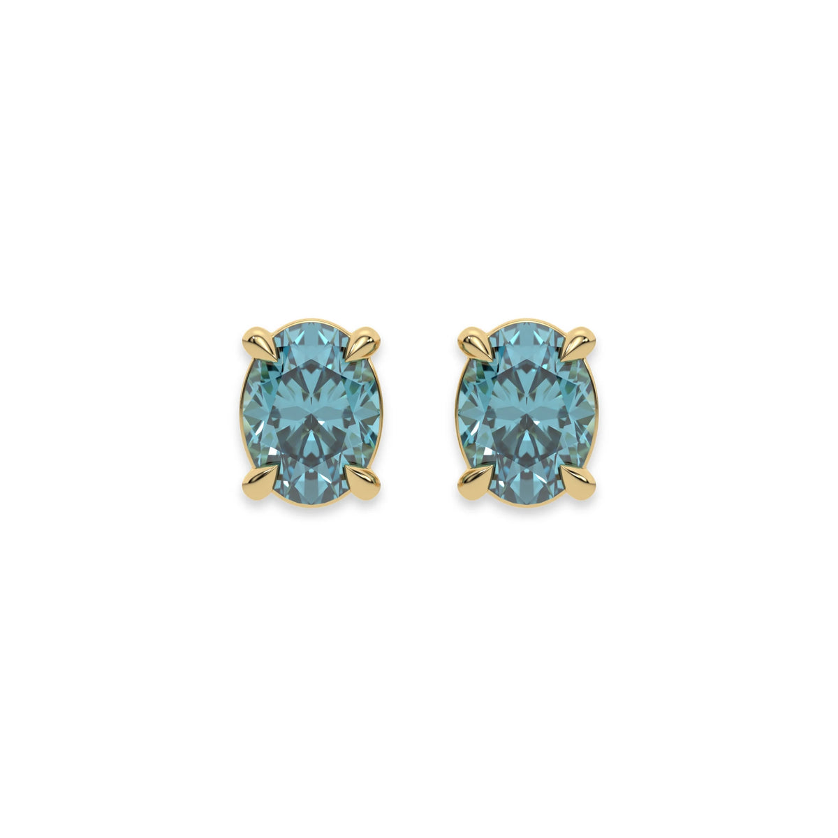 18k yellow gold oval diamond stud earrings made with a fancy blue oval cut diamond set in a four prong setting