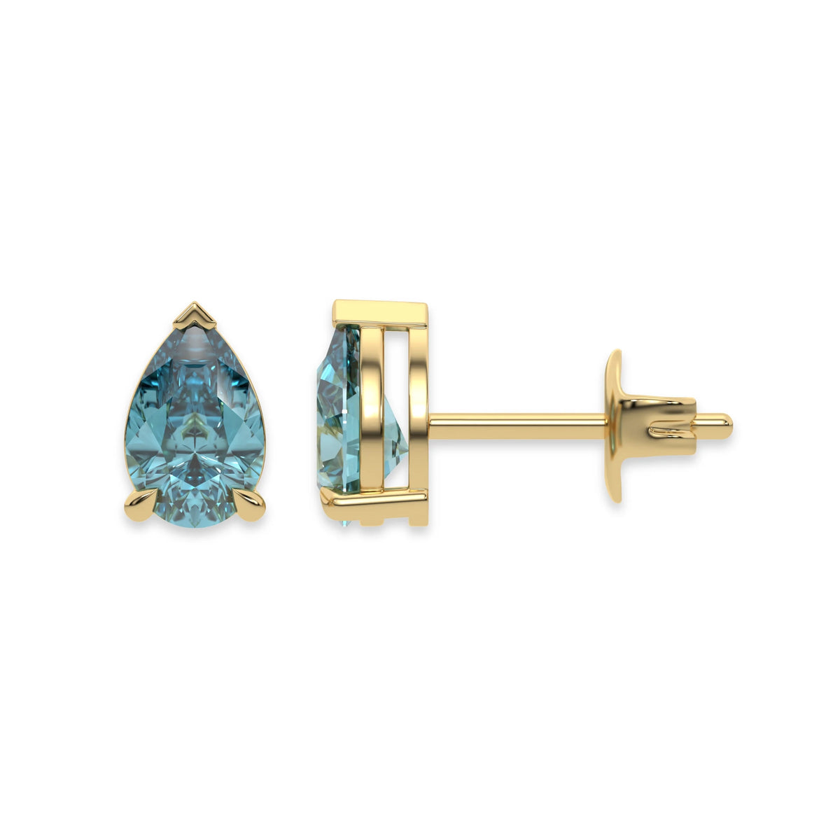 14k yellow gold pear shaped diamond stud earrings made with a fancy blue pear shaped diamond set in a four prong setting