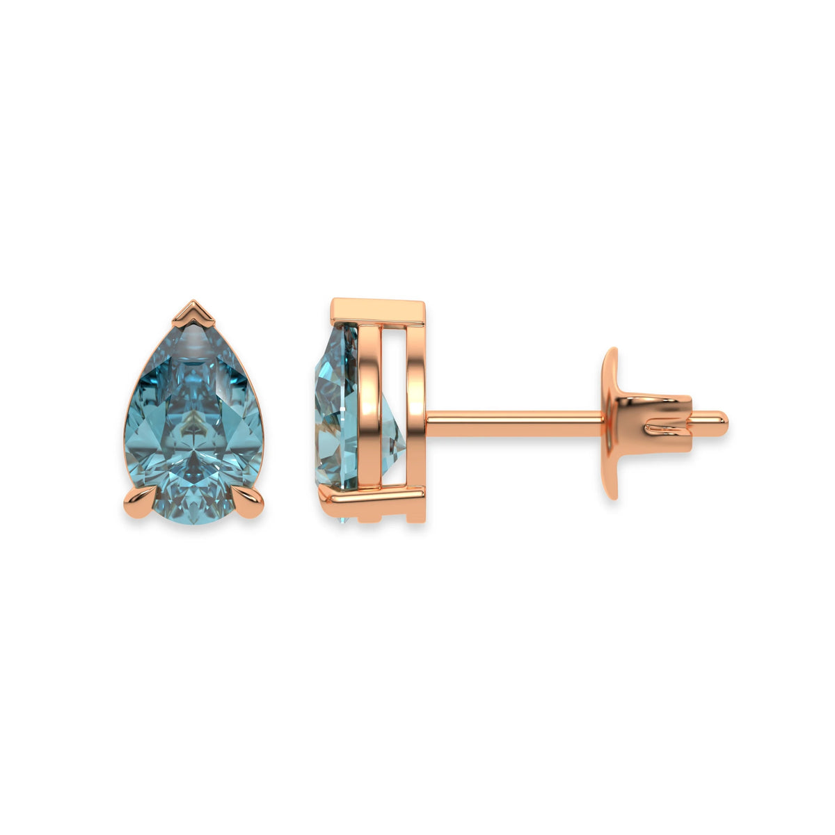 18k rose gold pear shaped diamond stud earrings made with a fancy blue pear shaped diamond set in a four prong setting