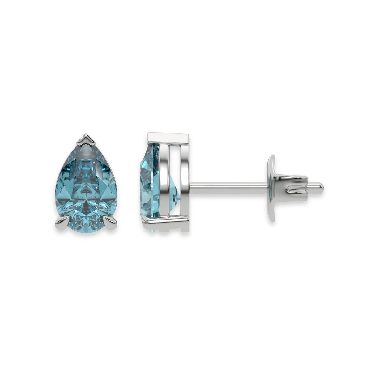 14k white gold pear shaped diamond stud earrings made with a fancy blue pear shaped diamond set in a four prong setting