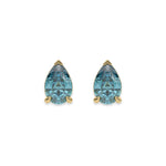 18k yellow gold pear shaped diamond stud earrings made with a fancy blue pear shaped diamond set in a four prong setting