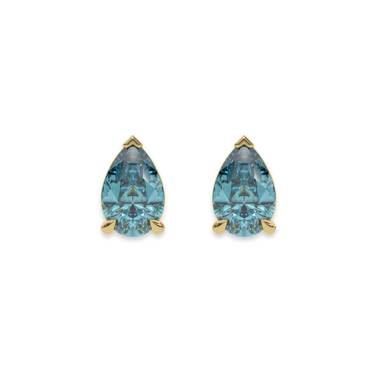 18k yellow gold pear shaped diamond stud earrings made with a fancy blue pear shaped diamond set in a four prong setting