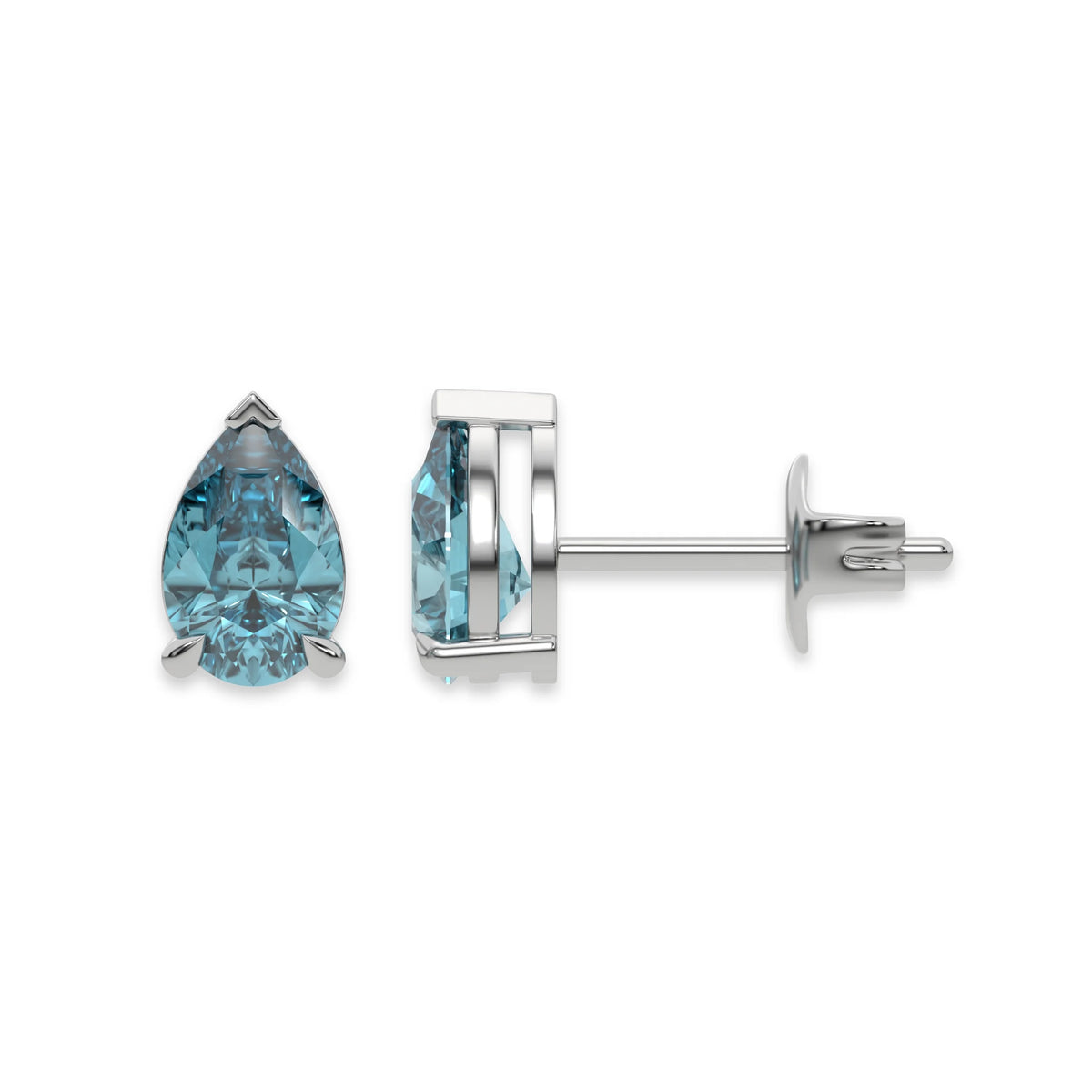 This white gold Classic Pear Diamond Earrings made with a fancy blue pear-cut diamonds set in a four prong setting in top view and side view