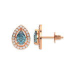 18k rose gold Pear Diamond Halo Earrings made with a fancy Blue pear cut solitaire diamonds set in a four prong setting.