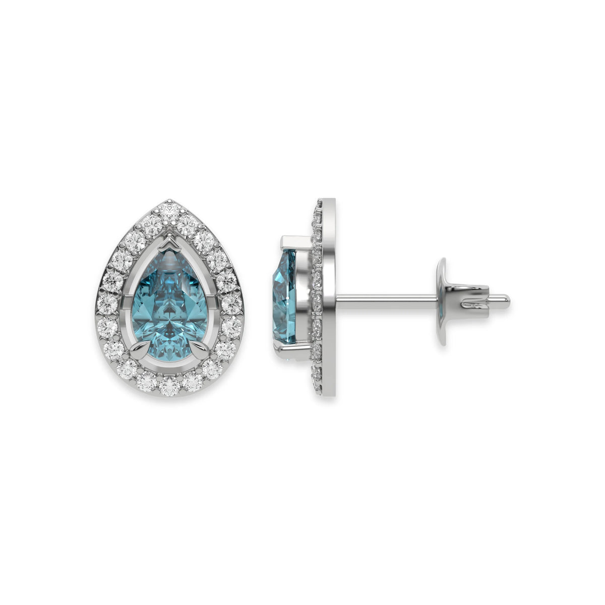 10k white gold Pear Diamond Halo Earrings made with a fancy Blue pear cut solitaire diamonds set in a four prong setting.