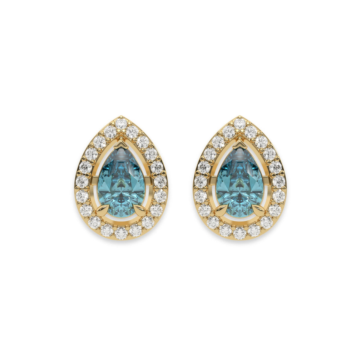 18k yellow gold Pear Diamond Halo Earrings made with a fancy Blue pear cut solitaire diamonds set in a four prong setting.