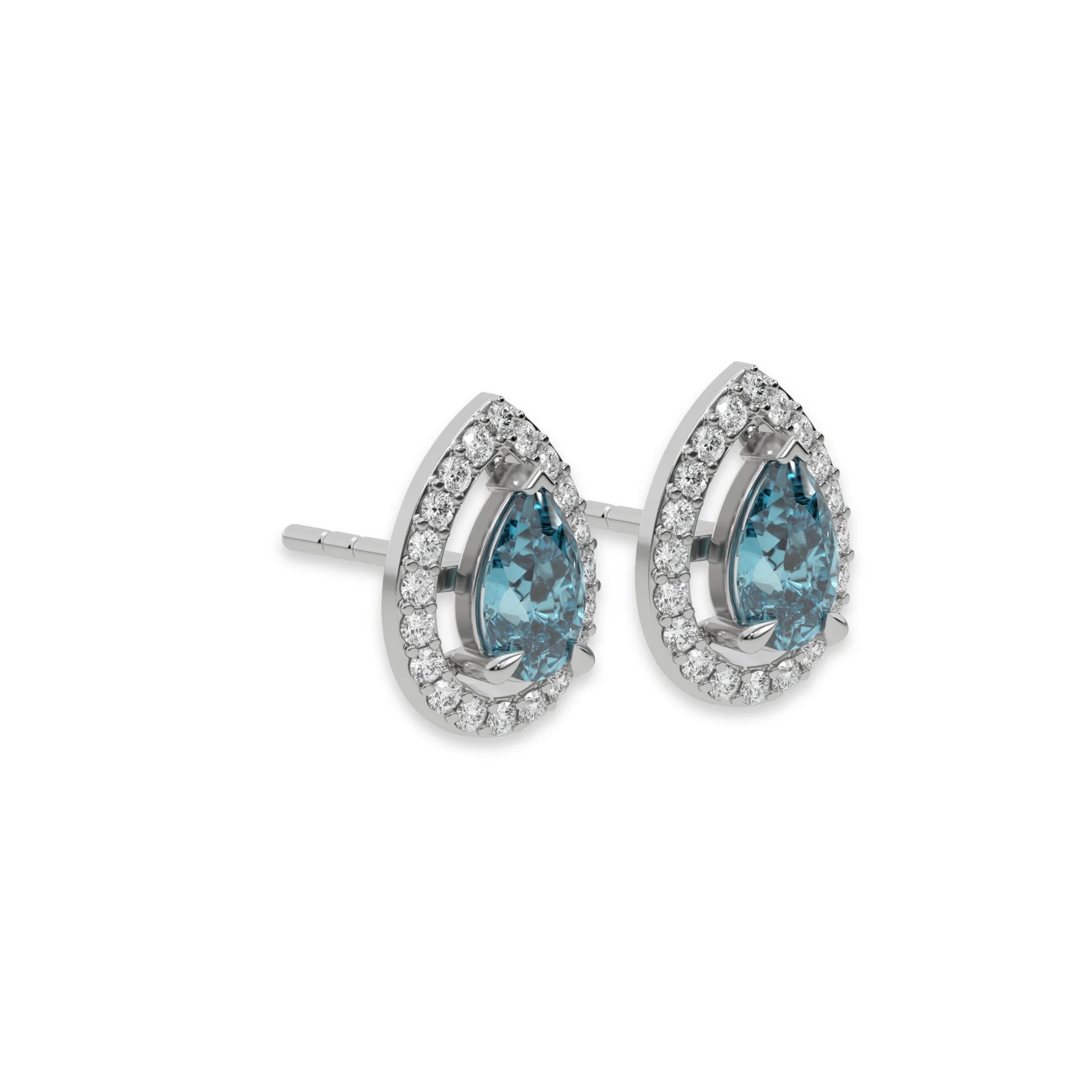 This white gold Classic Pear Diamond Halo Earrings made with a fancy Blue pear cut solitaire diamonds set in a four prong setting in side view